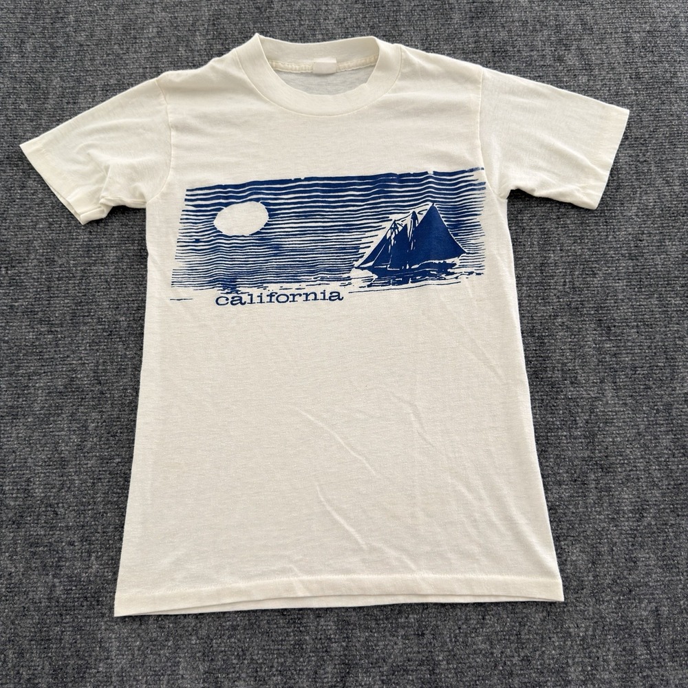 Vintage 80s/70s California Sailboat T-Shirt Off White Small 50/50 Single Stitch